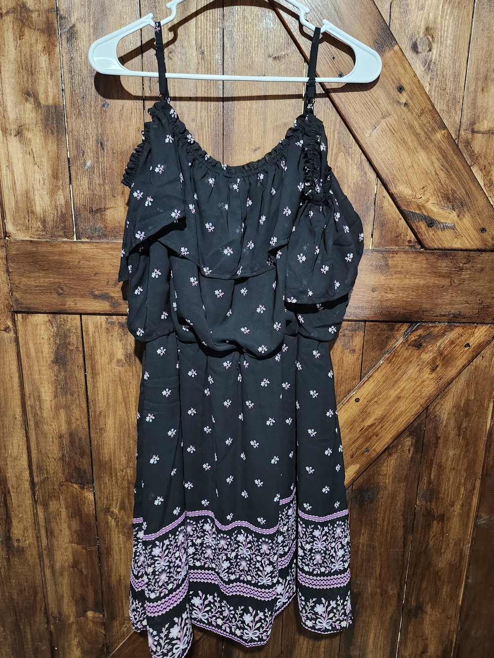 Tacera Black Floral Ruffle Dress with Pink Trim